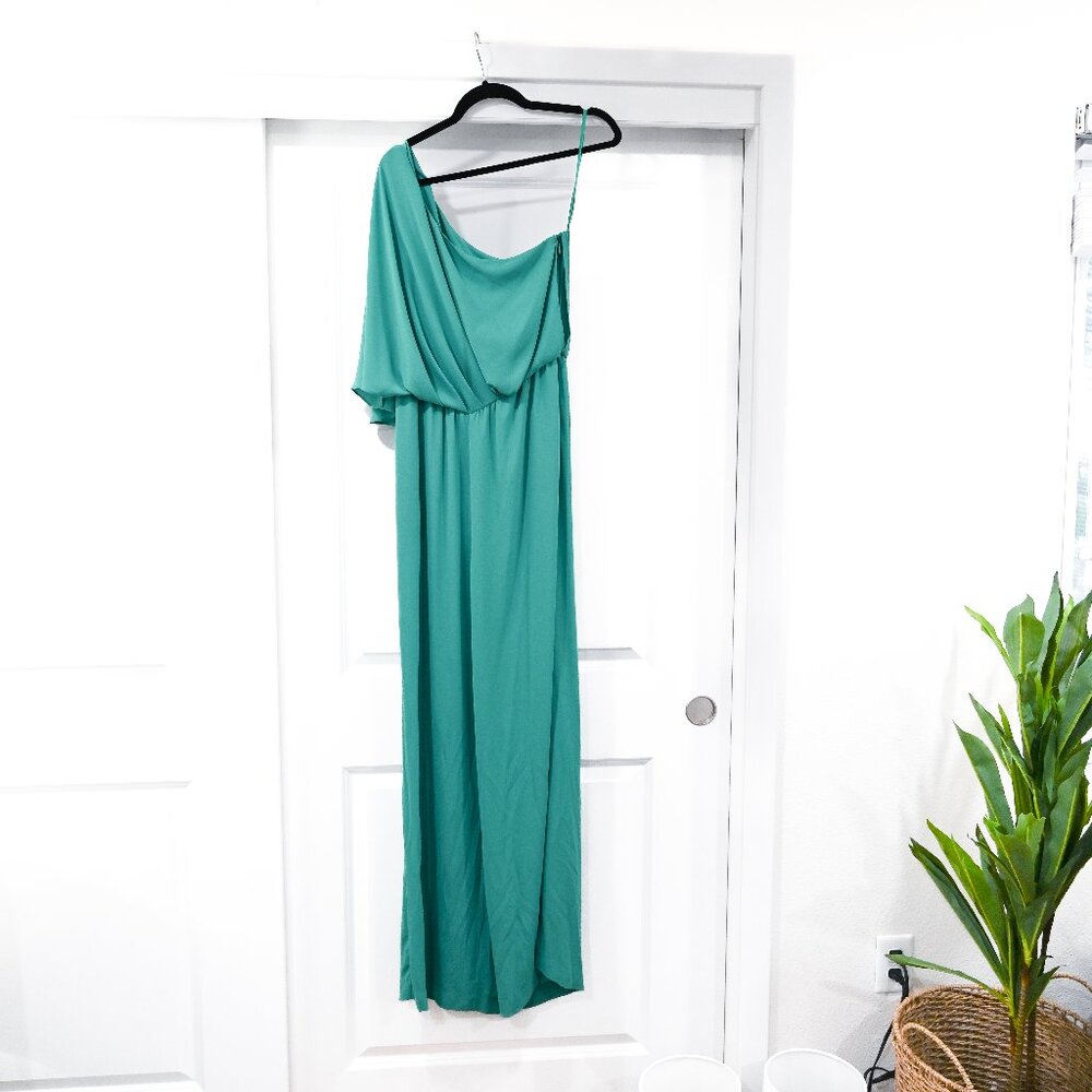 BCBGMaxAzria Size 8 Teal Green One Shoulder Drape Jumpsuit